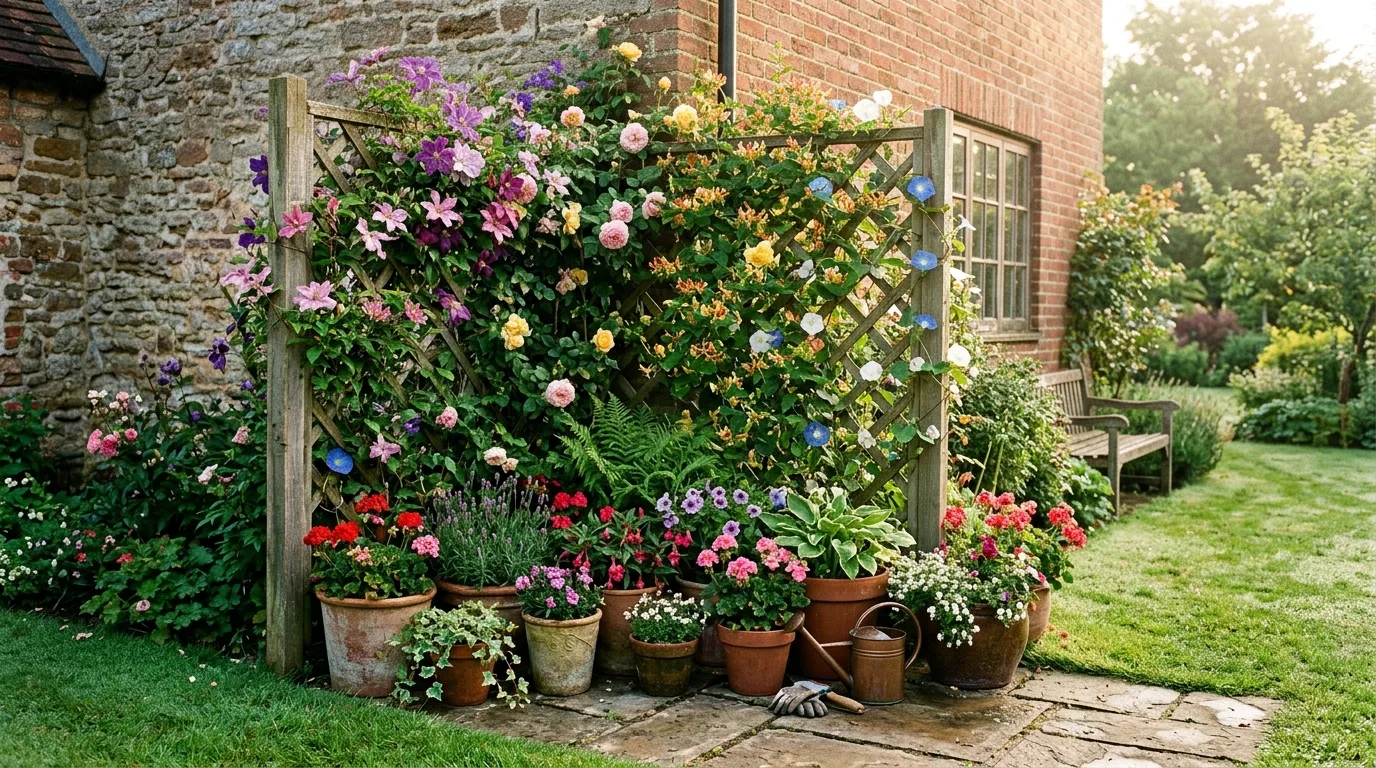 Corner Trellis With Flowering Vines